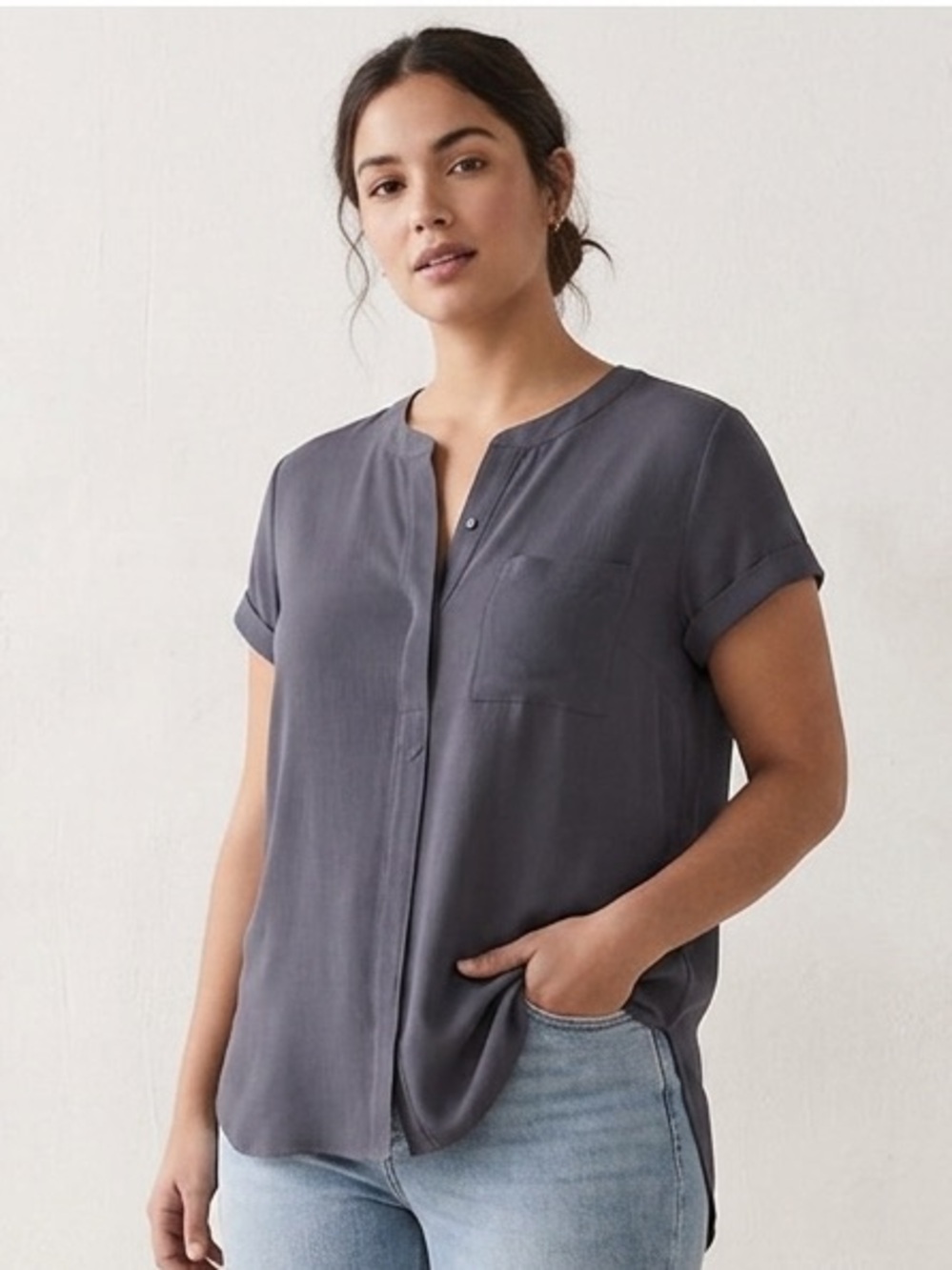 Simply Vera Vera Wang Short-Sleeve Notch Neck Blouse Charcoal Gray, Size Small